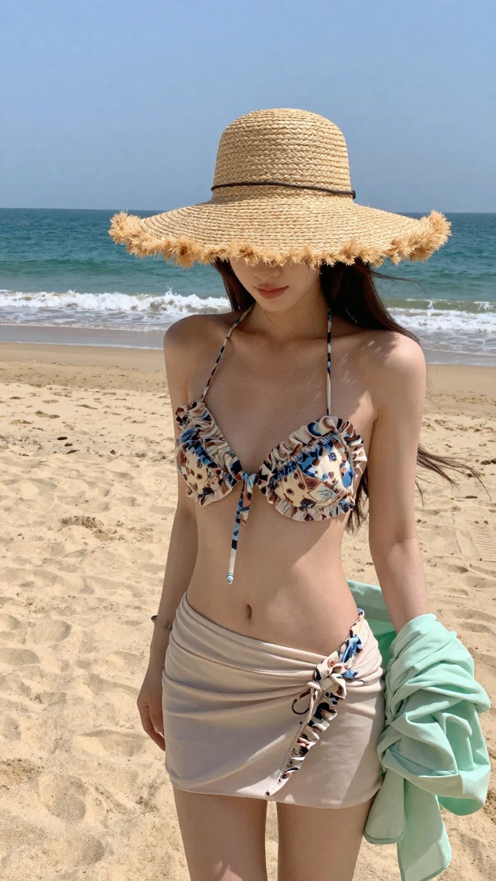 一位女性在沙滩上的场景。她戴着一顶宽边草帽，帽檐宽大，遮挡住部分脸部。上身穿着一件花纹比基尼上衣，设计带有褶皱细节，增添了几分俏皮与性感。下身搭配了一条浅色的沙滩裙，裙子一侧似乎有类似比基尼花纹的装饰，与上衣相呼应，她的手臂上搭着一件浅绿色的衣物。

背景是一片开阔的沙滩，金黄色的沙子细腻柔软，远处海浪轻轻拍打着岸边，