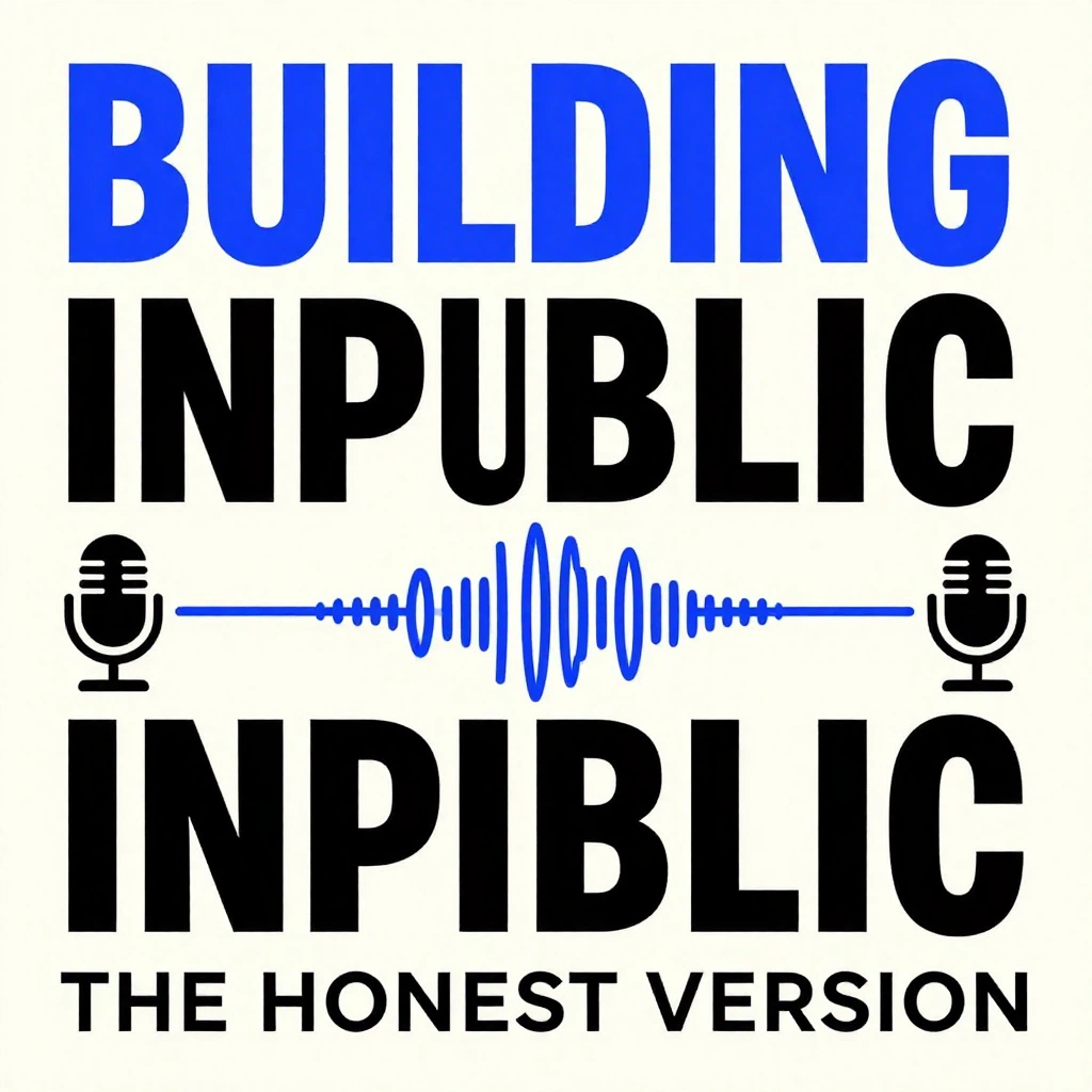 Create a square podcast episode cover titled \"BUILDING IN PUBLIC\" with the subtitle \"THE HONEST VERSION\". Show two simplified microphone forms connected by 
