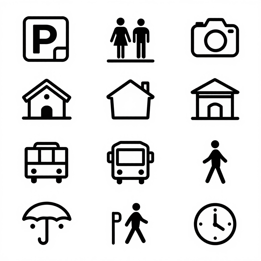 Create a consistent set of twelve outline icons for a travel guide: parking, restroom, accessible entrance, camera spot, food, temple, bus, train, walking route