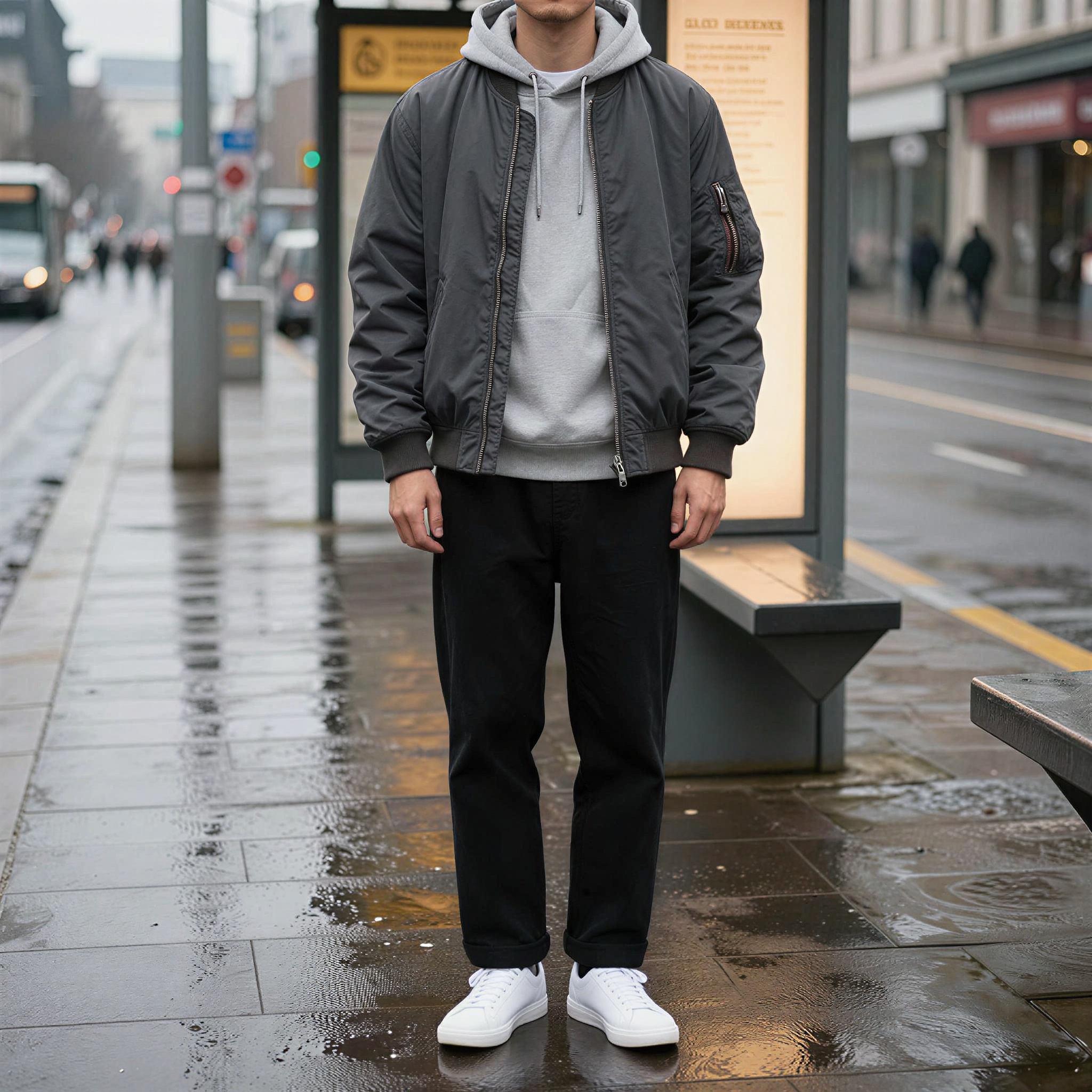 An adult male fashion model standing at a tram stop in a layered streetwear outfit: charcoal bomber jacket, pale gray hoodie, straight black trousers, and clean