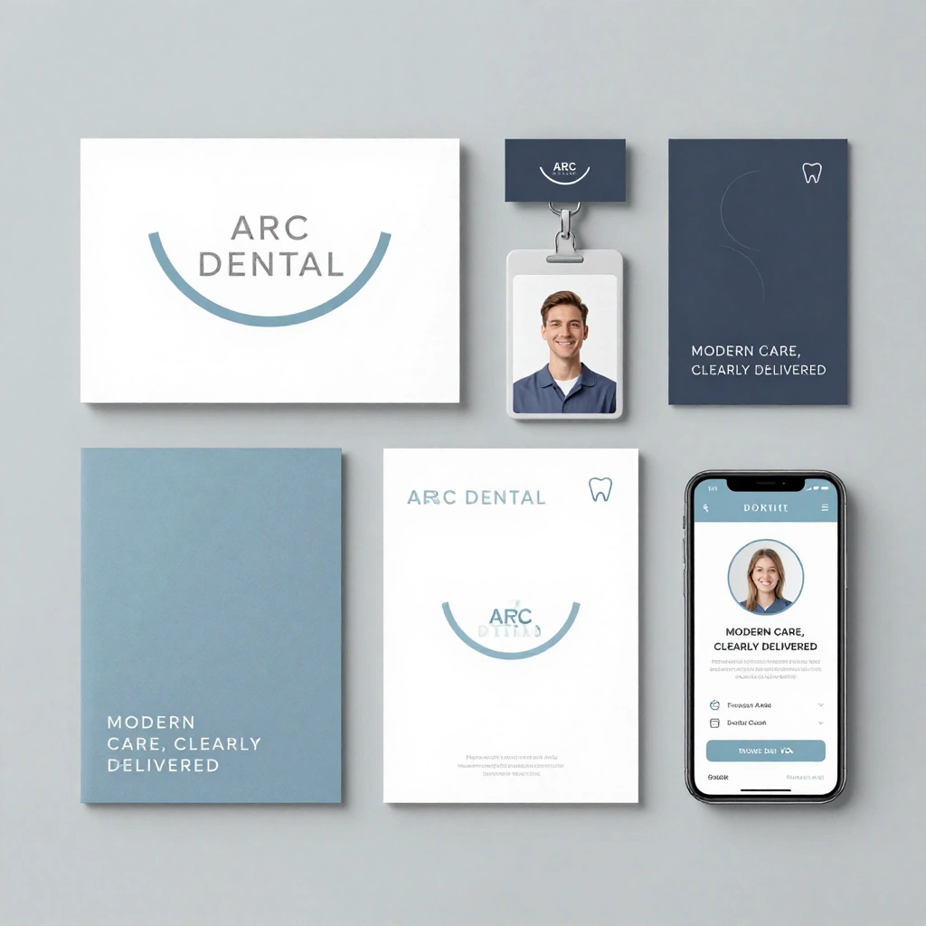 Create a calm, contemporary brand identity board for a dental clinic named \"ARC DENTAL\". Use an abstract curved smile symbol built from two precise arcs, a cl