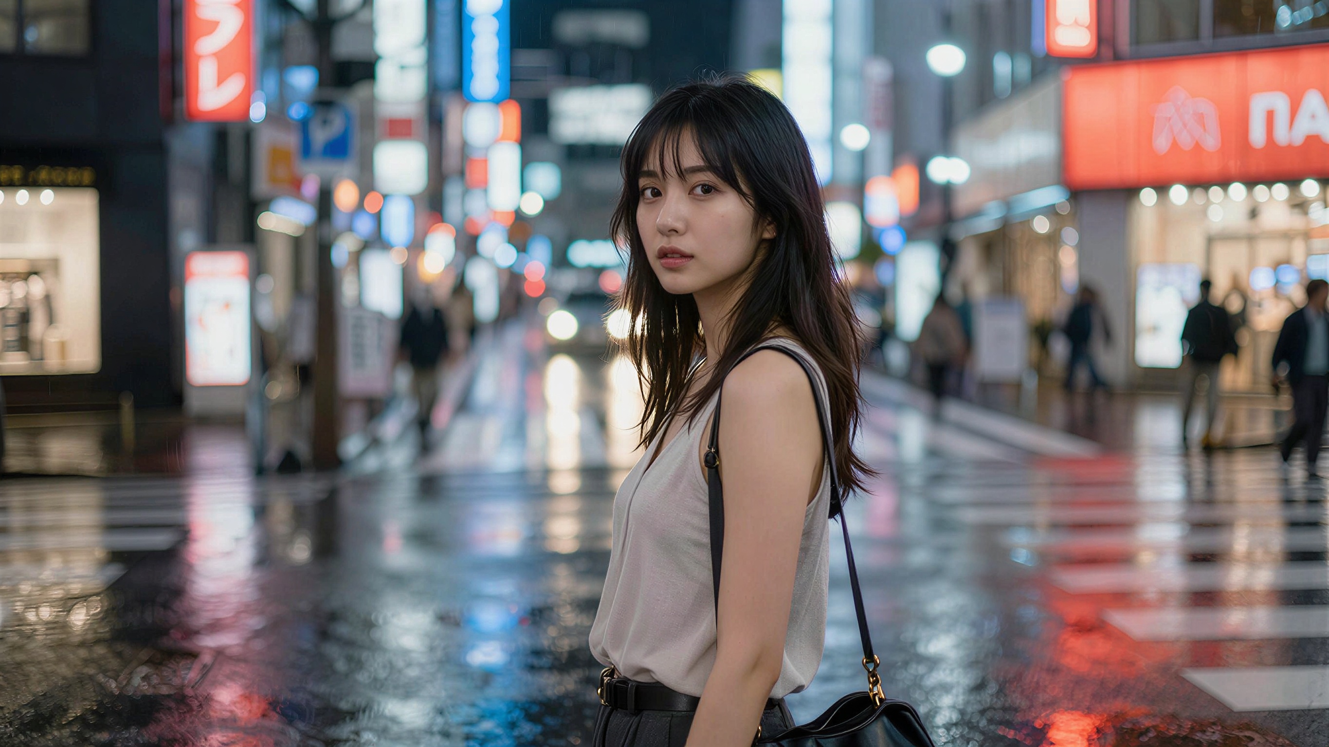 uma jovem mulher em pé sozinha em uma esquina iluminada por neon em Tóquio à noite, fotografia de retrato de rua cinematográfica, chuva leve no pavimento, refle