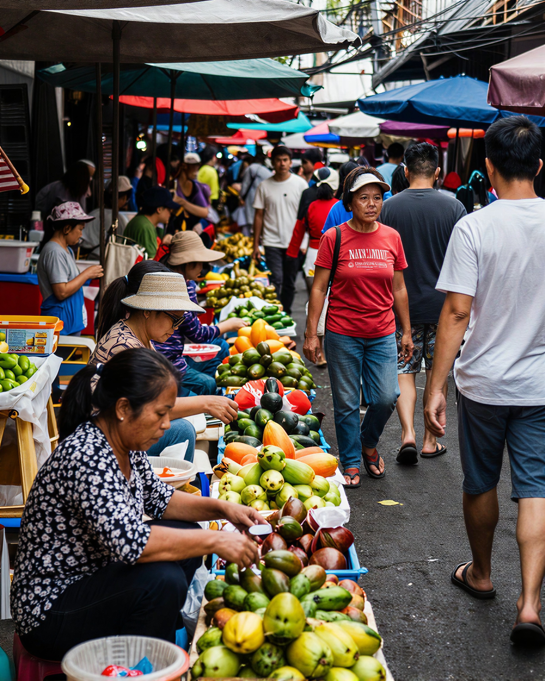 um mercado de rua lotado no Sudeste Asiático ao meio-dia, fotografia de rua documental, vendedores organizando frutas, pedestres se movendo por corredores estre