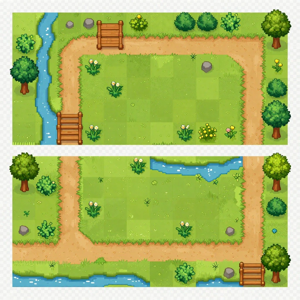 Create a seamless top-down 2D game tileset for a cozy forest area. Include grass, dirt paths, river edges, wooden bridge pieces, small stones, flowers, bushes, 