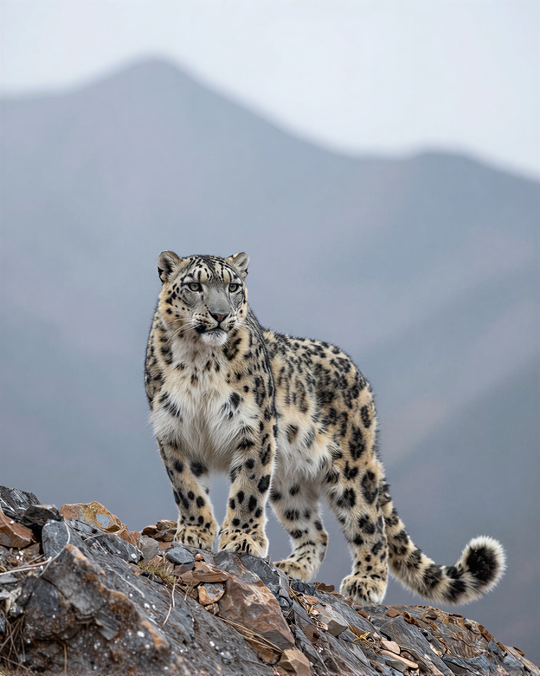 um leopardo-das-neves em pé em uma crista rochosa em uma paisagem de alta montanha, fotografia de vida selvagem, visual de lente teleobjetiva longa, textura de 