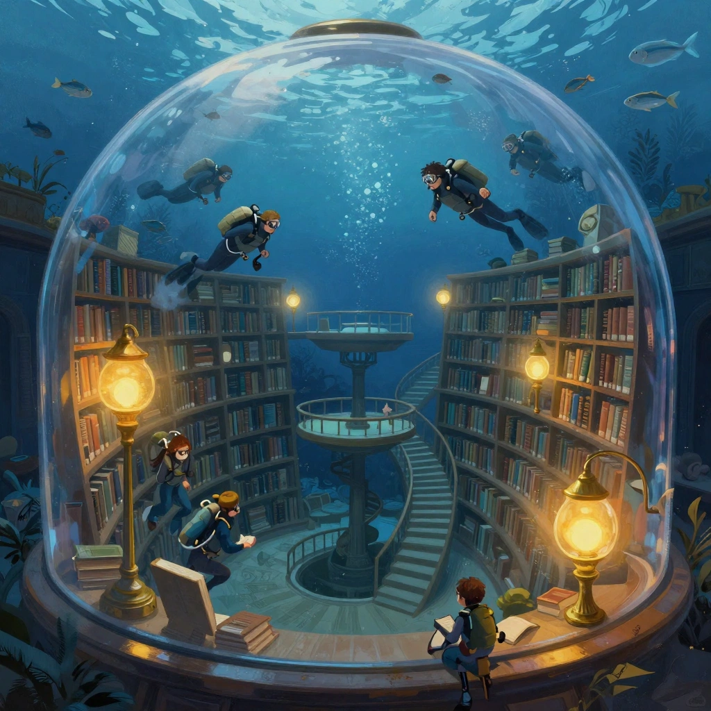 A detailed fantasy illustration of an underwater library inside a giant glass dome, where divers browse curved bookshelves while schools of fish pass outside. B