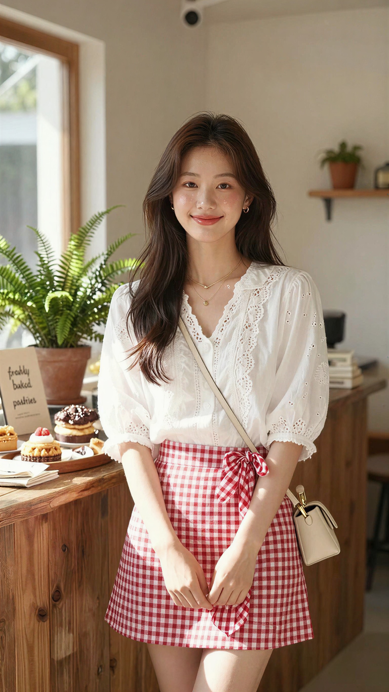A soft, natural light portrait photograph captures a beautiful young Korean woman embodying springtime cheerfulness. She stands slightly off-center, her gentle 