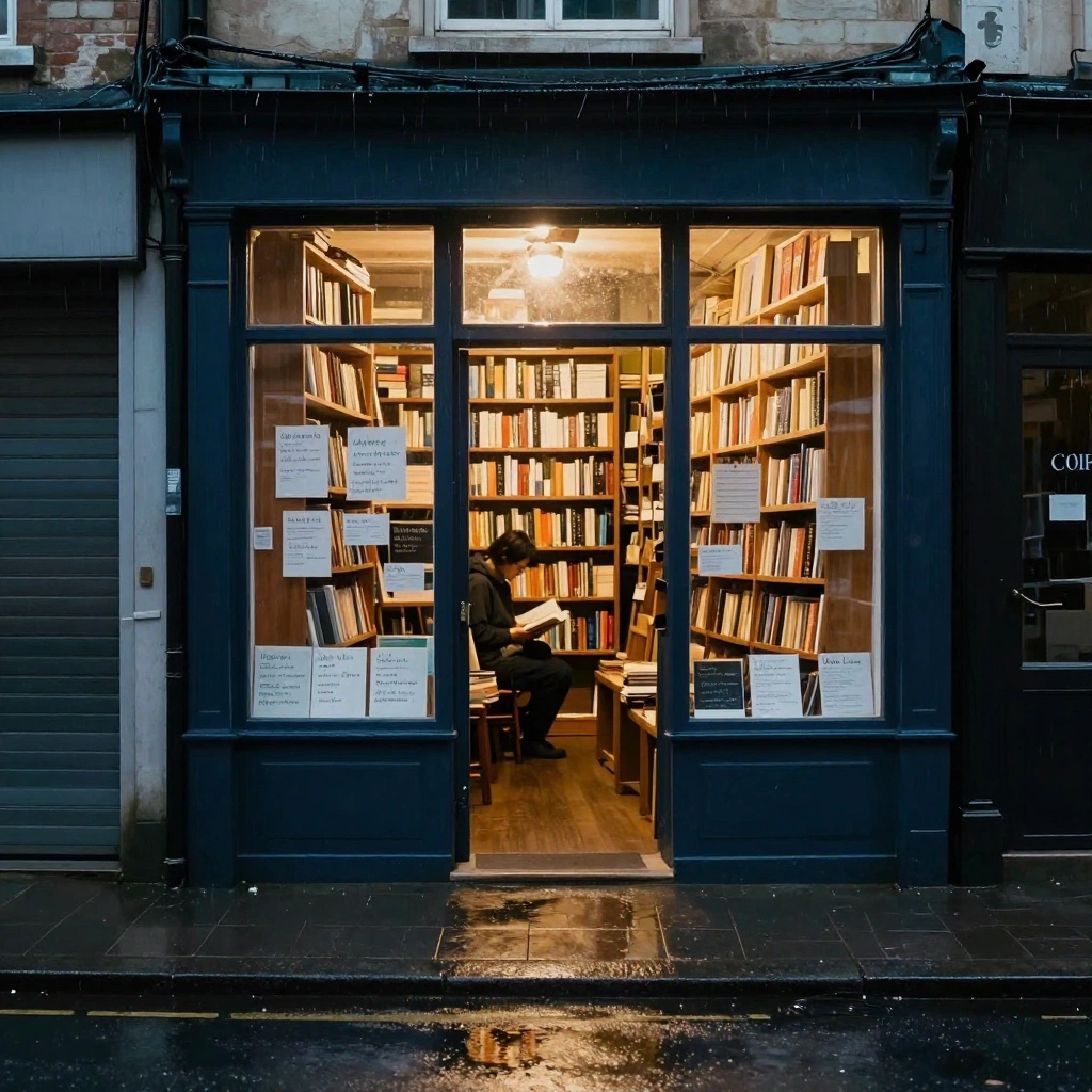 A small independent bookstore on a narrow city street during a light evening rain. Warm amber light glows through the front window, revealing tall wooden shelve