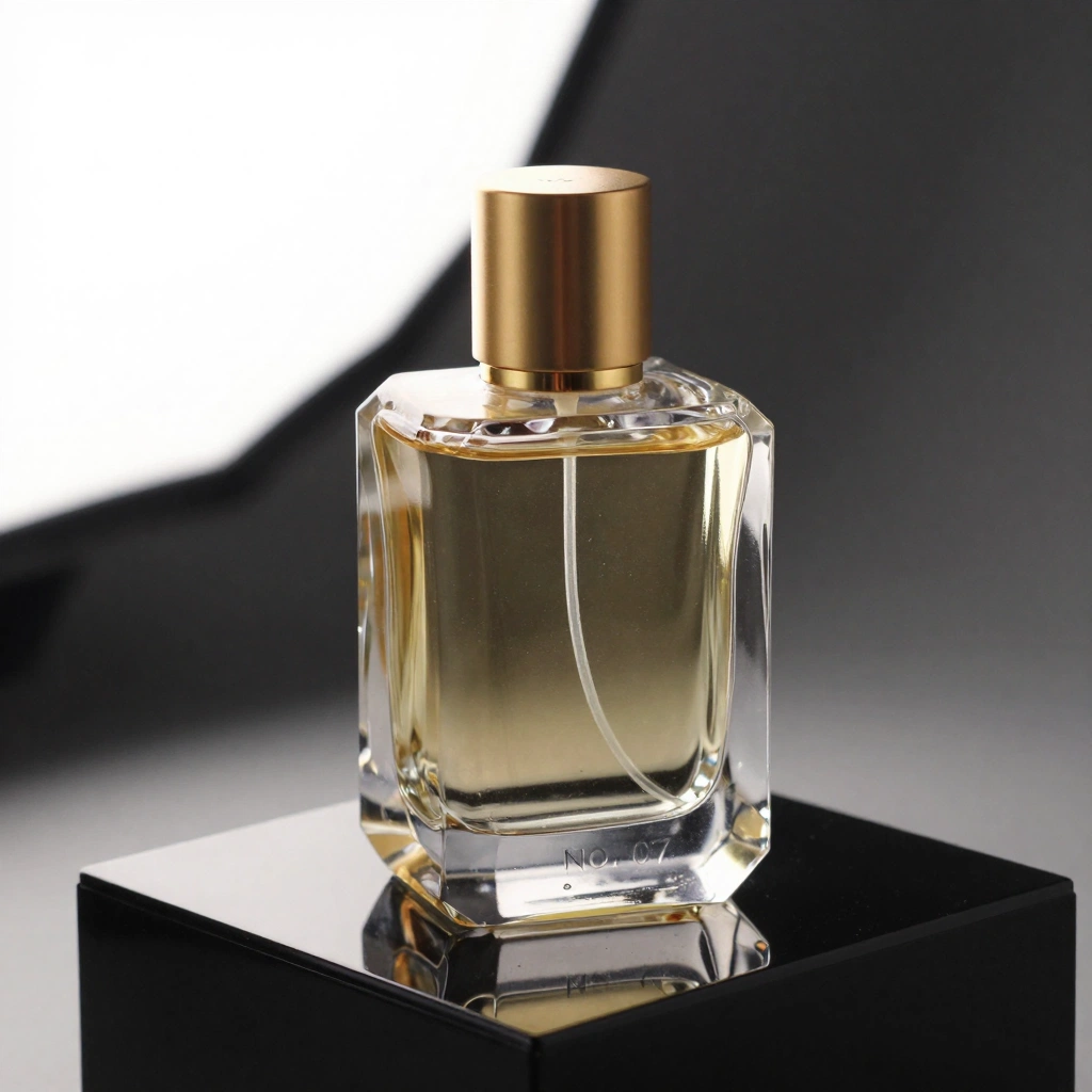 A high-end 3D material study of a faceted clear-glass perfume bottle filled with pale amber liquid, topped with a brushed brass cap. Place it on a glossy black 