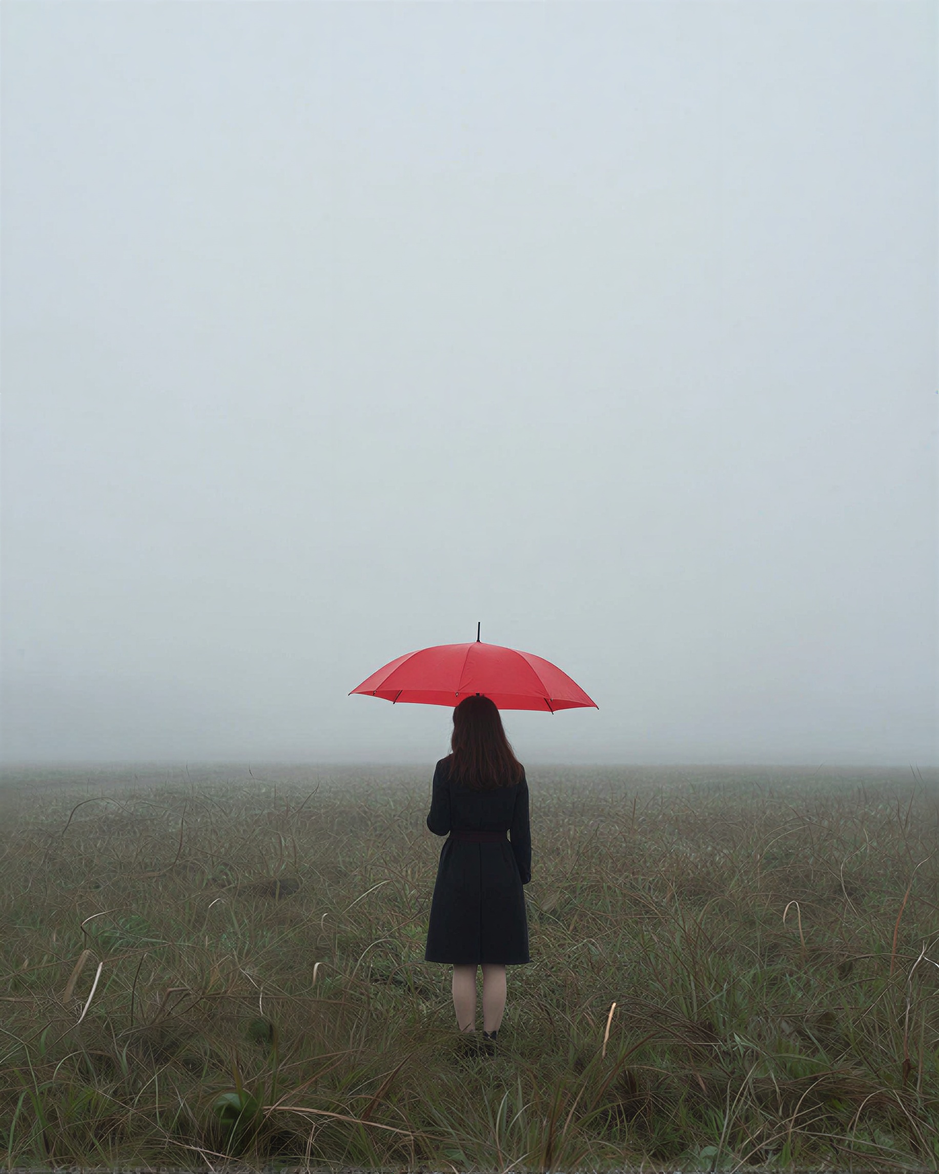 uma mulher solitária em pé no meio de um vasto campo coberto de neblina segurando um único guarda-chuva vermelho, fotografia conceitual de arte, paleta de cores