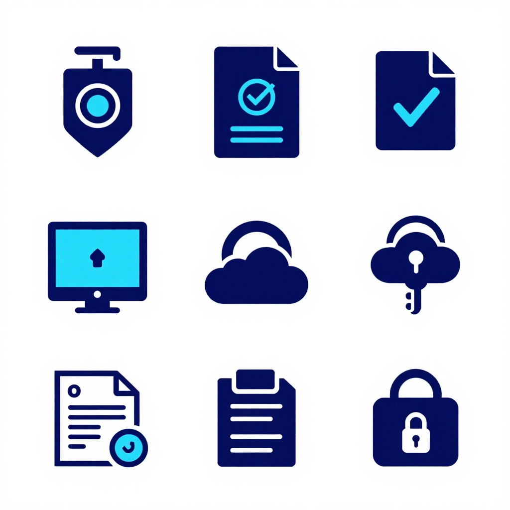 Create a set of ten duotone vector icons for a cybersecurity dashboard: firewall, encrypted file, identity check, threat alert, device scan, secure cloud, acces