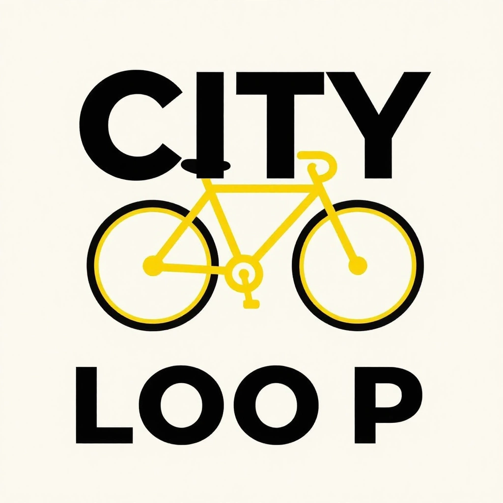 Create a bold monoline logo for an urban bicycle community called \"CITY LOOP\". Form the letters C and L from a continuous route line that also suggests two bi