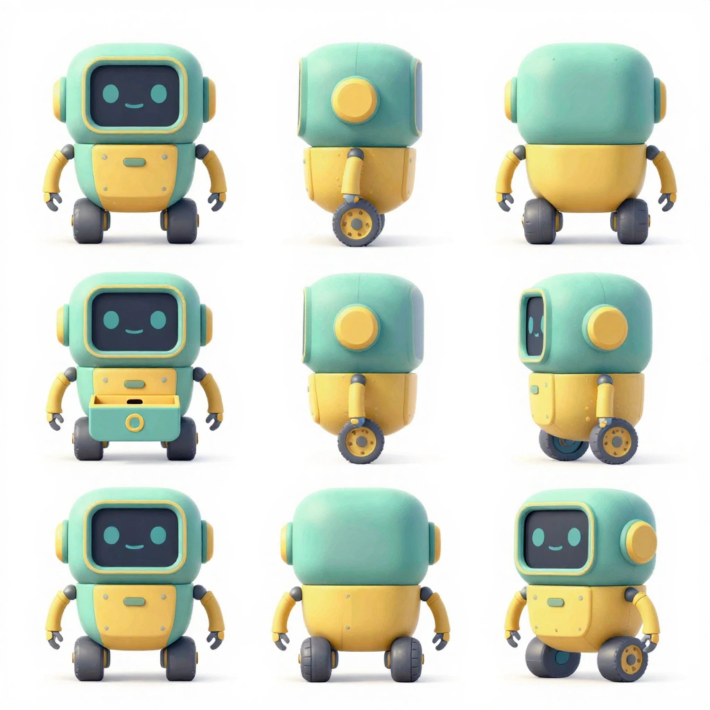 Design a small friendly robot companion for a children’s animated series. The robot has a rounded rectangular body, flexible arms, two wheel-feet, a simple expr