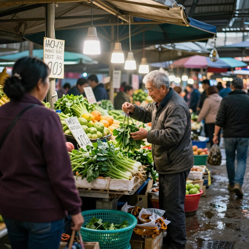 A candid documentary photograph inside a crowded morning produce market, where an elderly vendor weighs leafy vegetables while customers compare fruit under han