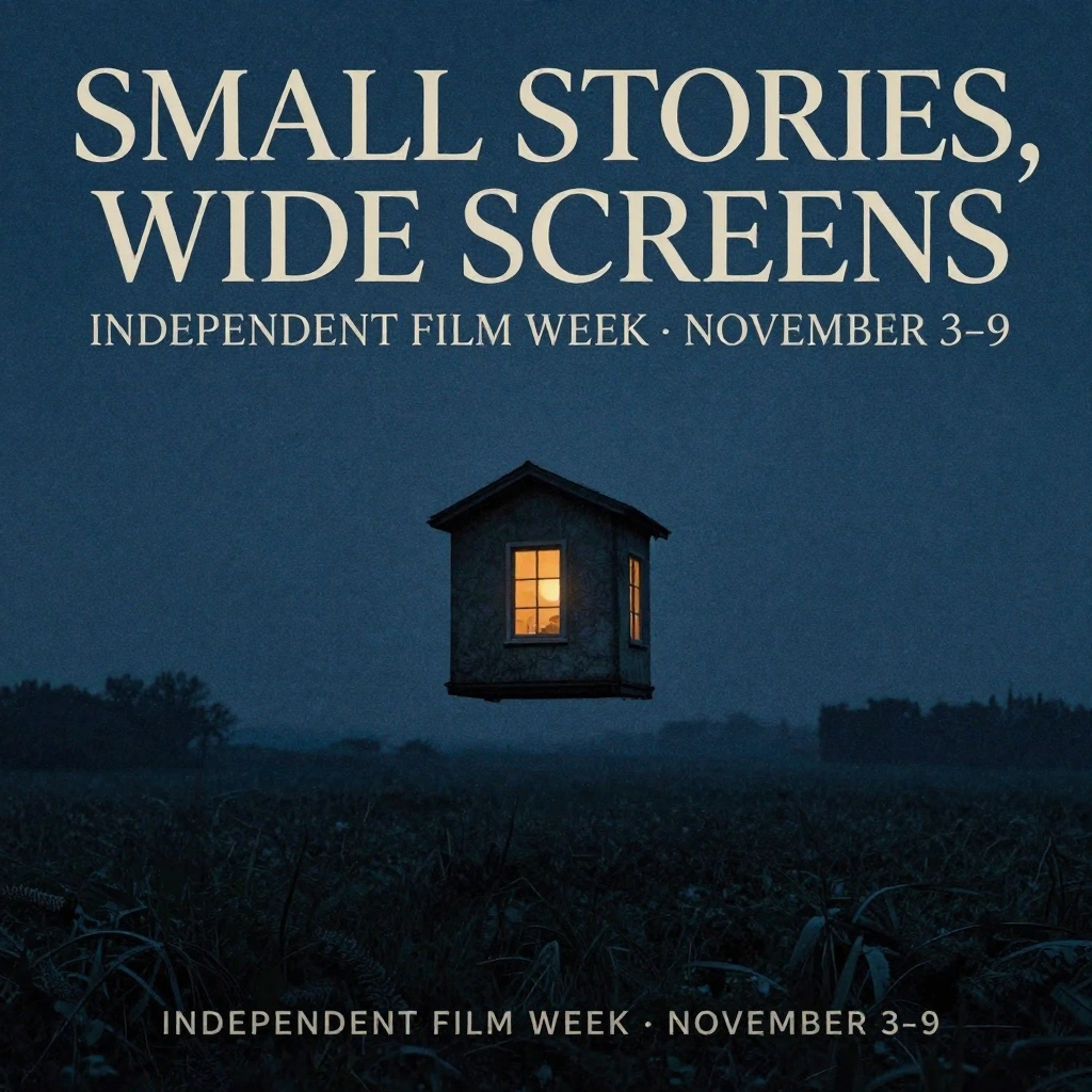 Design an art-house film festival poster titled \"SMALL STORIES, WIDE SCREENS\". The subheading must read \"INDEPENDENT FILM WEEK · NOVEMBER 3–9\". Build the vi