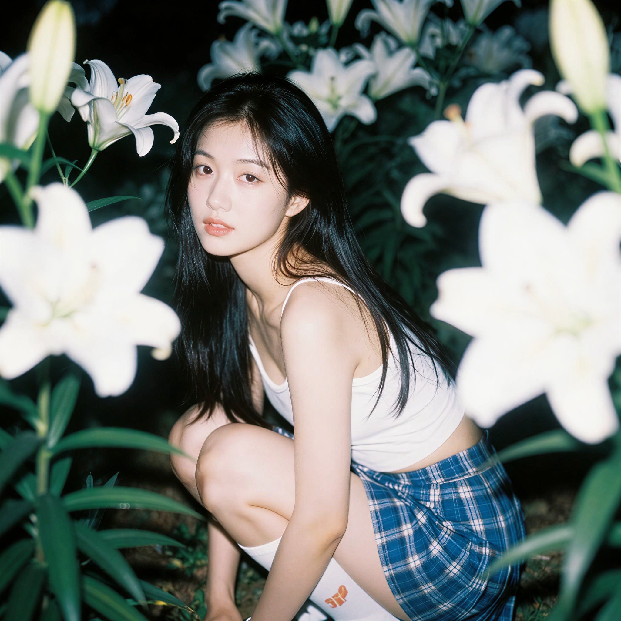 un portrait photographique japonais spontané d'une belle femme adulte d'Asie de l'Est accroupie parmi des lys blancs denses et un feuillage vert foncé, longs ch
