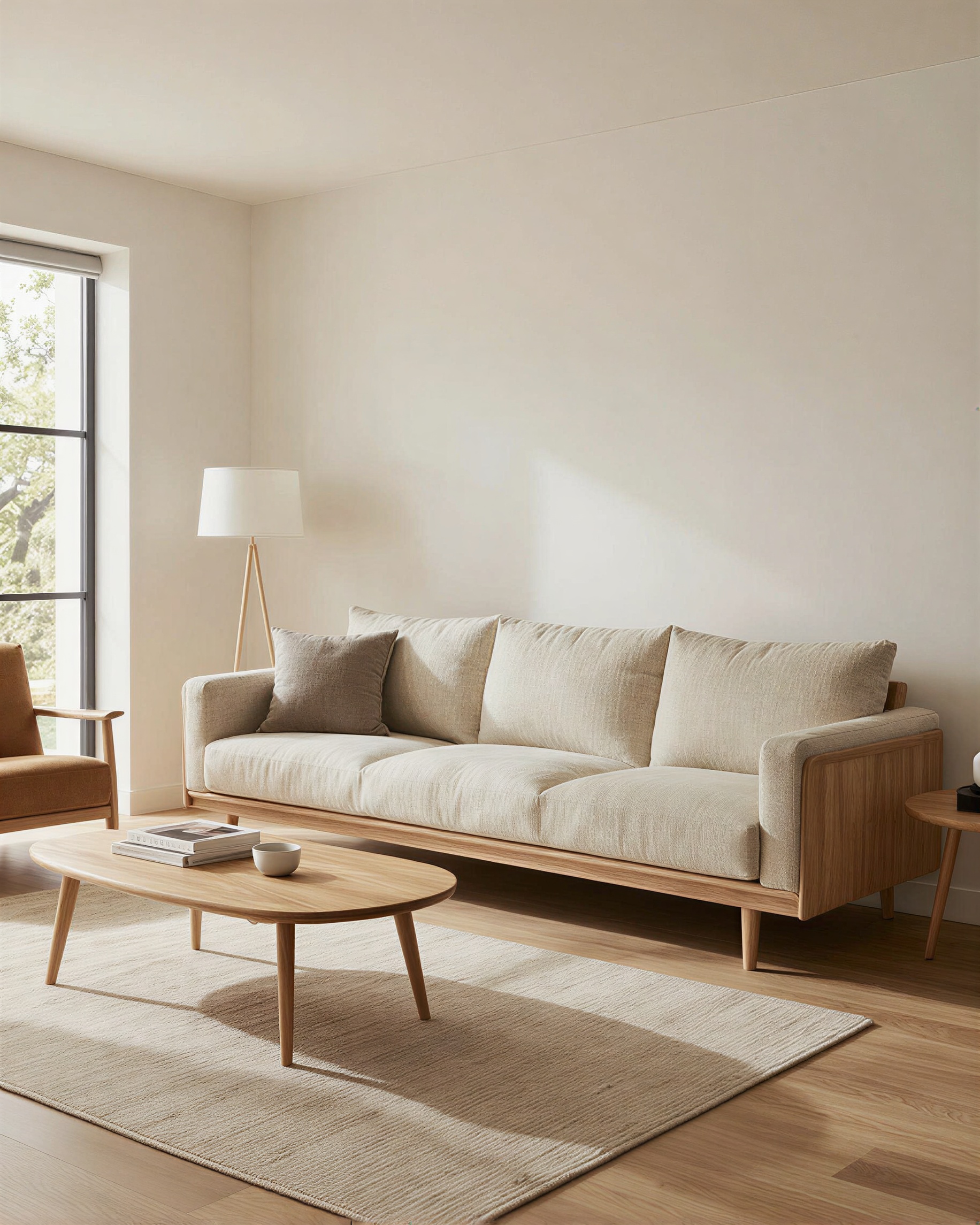 uma sala de estar escandinava moderna com luz natural suave, fotografia de design de interiores, móveis de carvalho, sofá de linho, tapete texturizado, composiç
