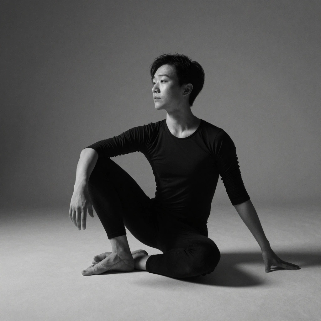 A black-and-white studio portrait of an adult contemporary dancer seated on the floor with one knee raised, wearing a simple long-sleeve black rehearsal outfit.