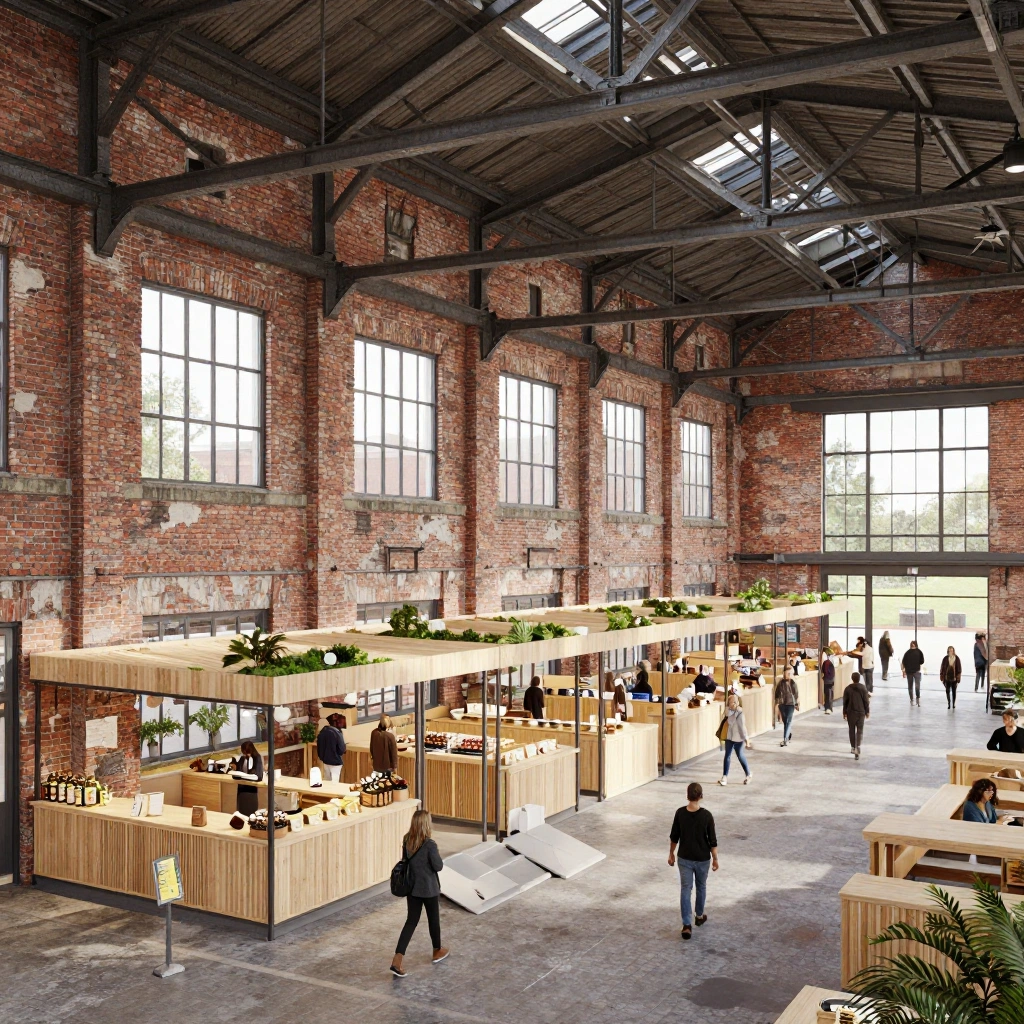 Adaptive-reuse architecture visualization of a century-old brick warehouse converted into a community food market. Preserve the original steel trusses, tall win