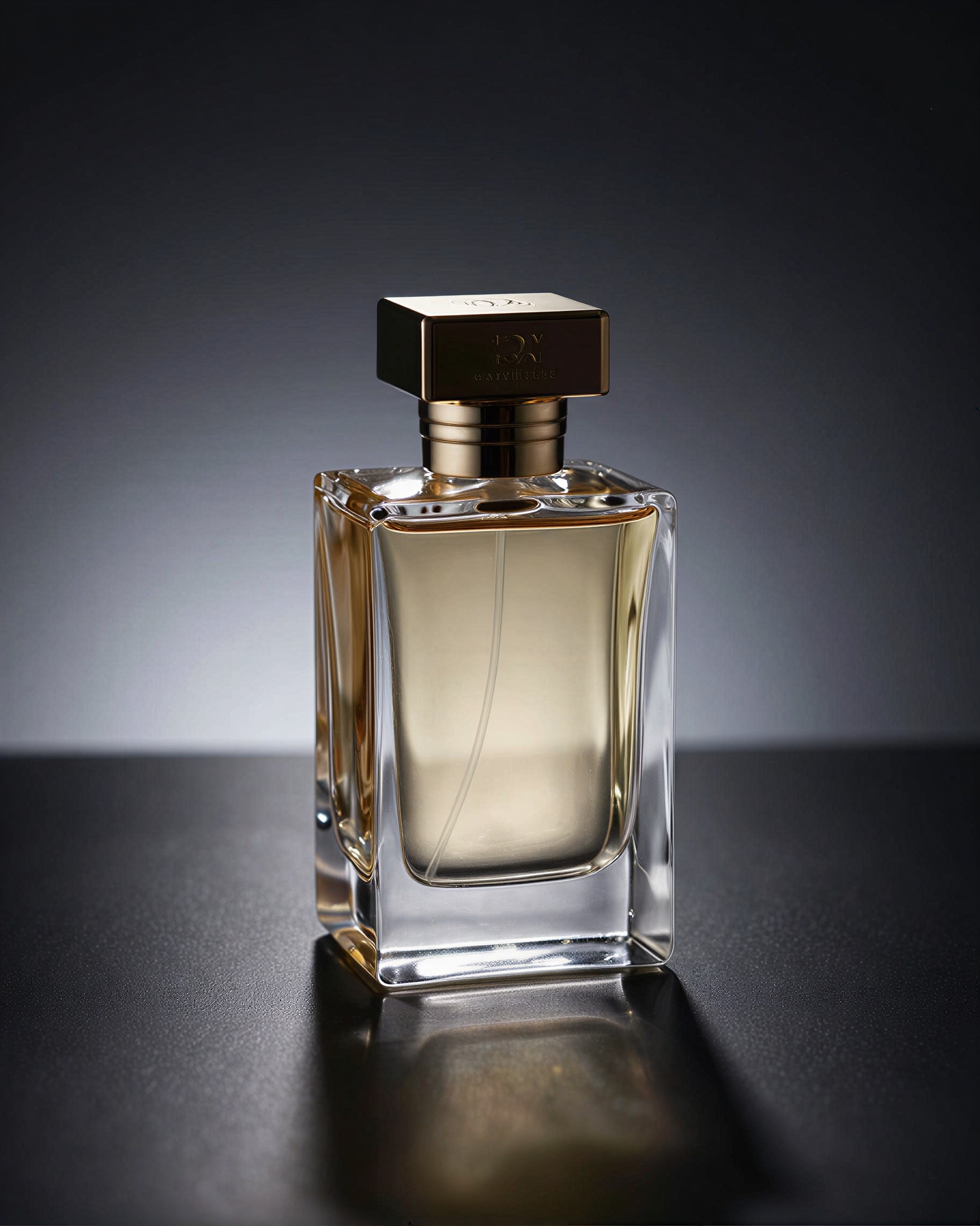 um frasco de perfume de luxo colocado sobre uma superfície escura e reflexiva, fotografia de produto, iluminação de estúdio dramática, névoa sutil ao fundo, ref