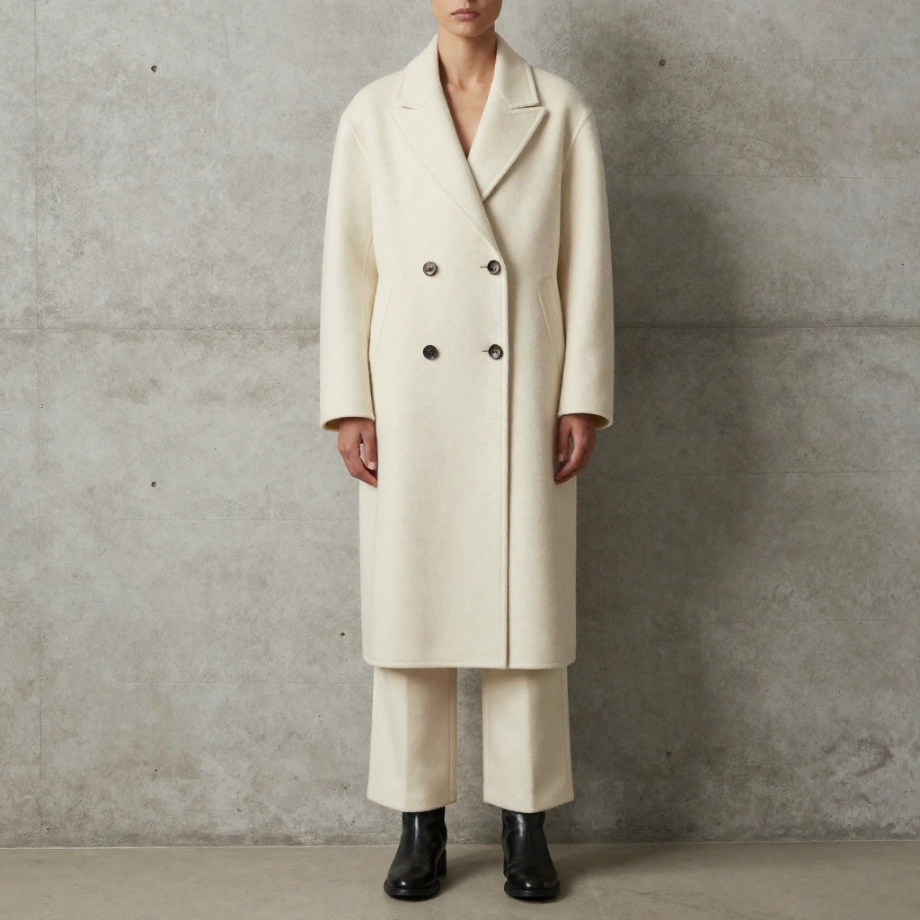 An editorial fashion photograph of an adult model wearing a structured cream wool coat with asymmetric lapels, wide tailored trousers, and black leather ankle b
