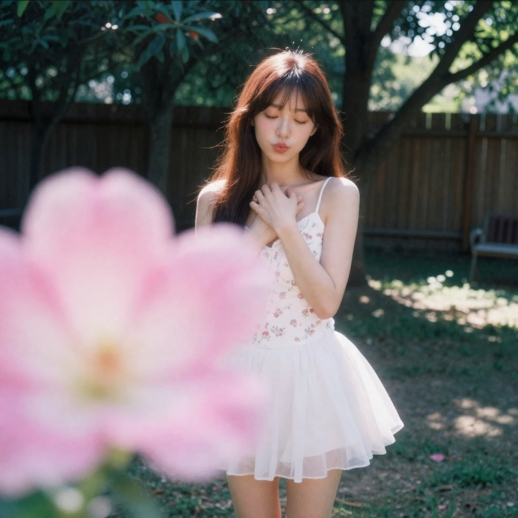 photographie candide prise avec l'appareil photo arrière de l'iPhone 16 Pro,
pas un selfie,

adulte femme est-asiatique debout dans un jardin calme,

une très g