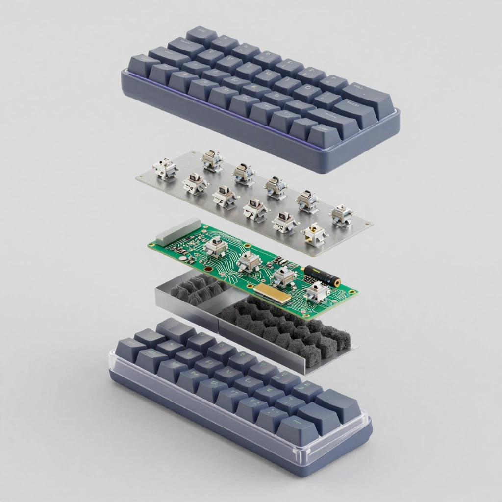 A precise 3D exploded rendering of a compact mechanical keyboard, showing keycaps, switches, metal plate, stabilizers, circuit board, foam layers, battery, and 