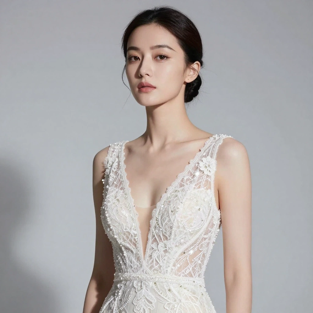 Ultra-detailed, photorealistic fashion portrait of a stunning woman in a high-end editorial style. She wears a deep white plunging V-neck evening gown adorned w