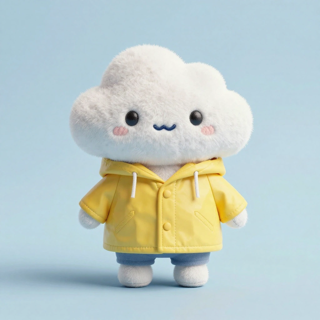 A charming 3D product render of a small plush cloud character with short legs, embroidered eyes, and a removable yellow raincoat. The toy stands on a pale blue 