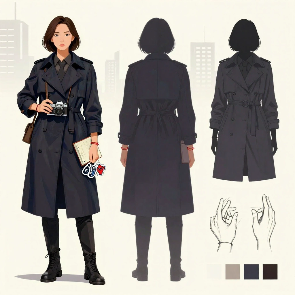 Create a character concept for an adult supernatural detective working in a modern East Asian city. She wears a dark trench coat, practical boots, red thread br