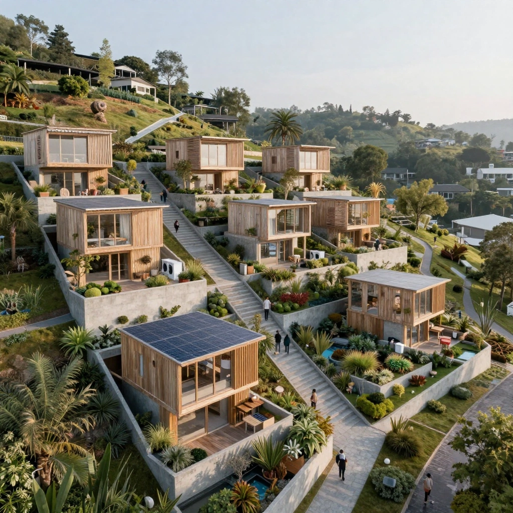 Architectural concept for a terraced cooperative housing project on a steep hillside. Eight compact homes step with the terrain around shared gardens, laundry s