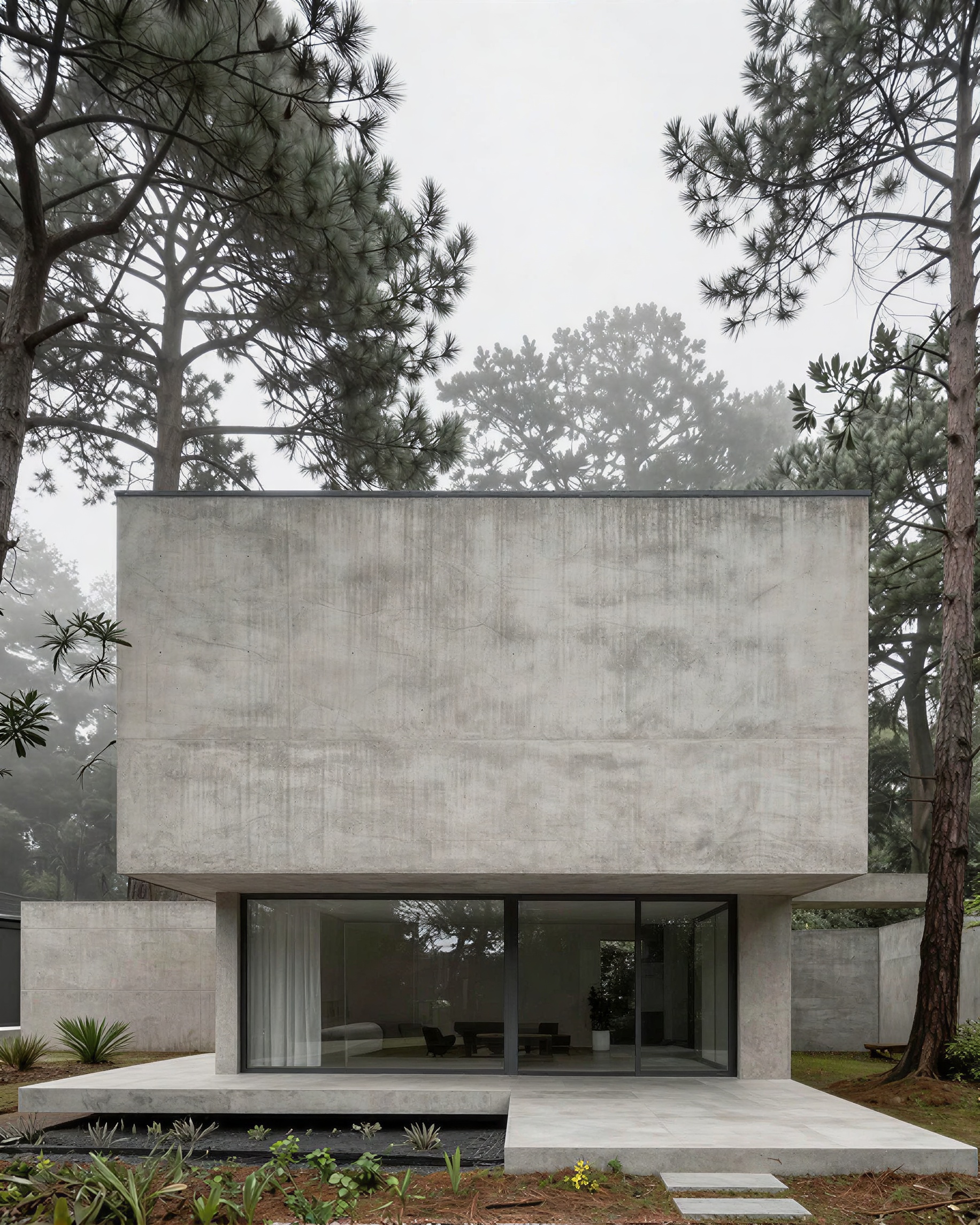 uma casa de concreto minimalista cercada por pinheiros enevoados, fotografia arquitetônica, luz suave nublada, linhas geométricas limpas, composição frontal, te