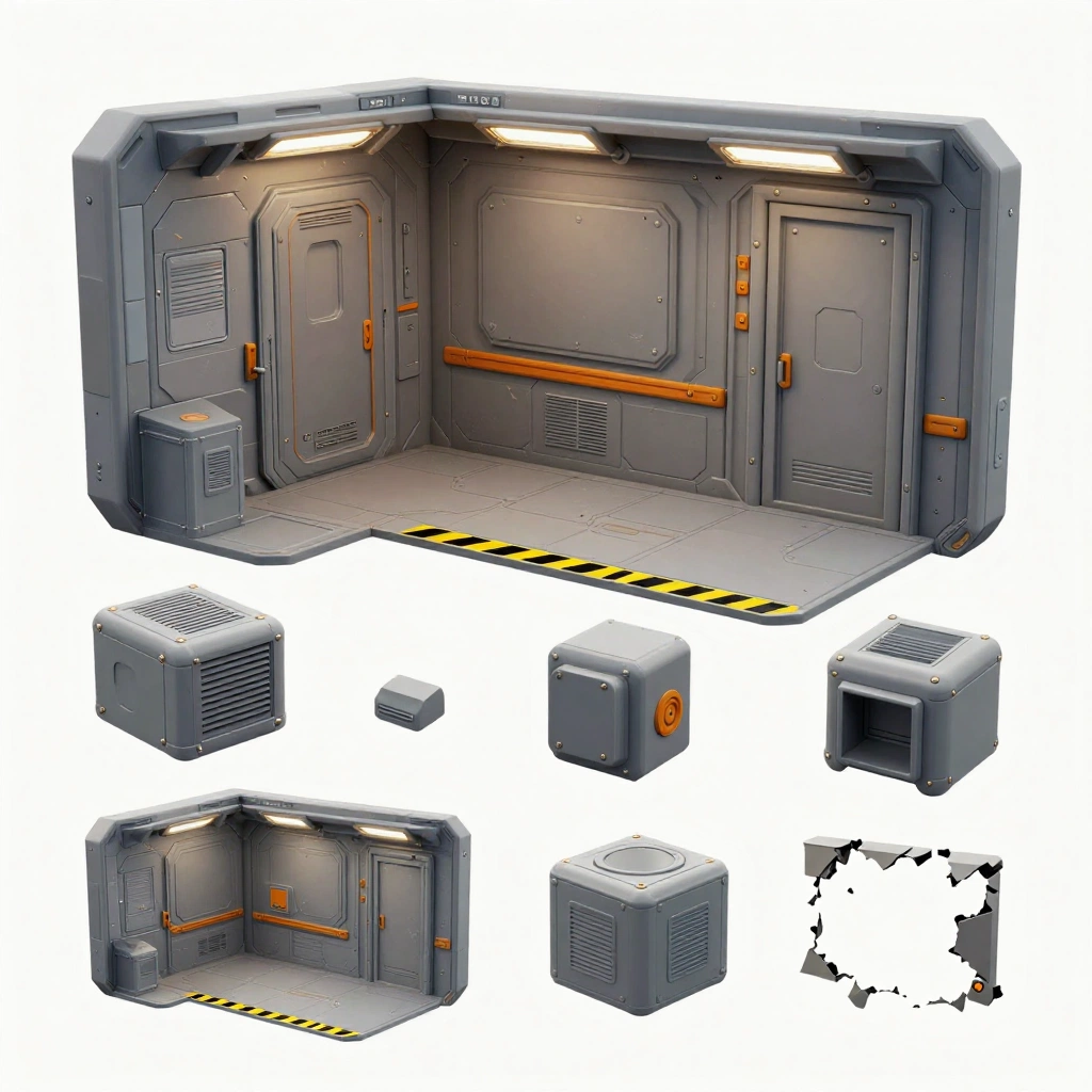 Design a modular 3D game environment kit for a compact science-fiction research corridor. Show wall panels, floor modules, ceiling lights, sliding door, ventila