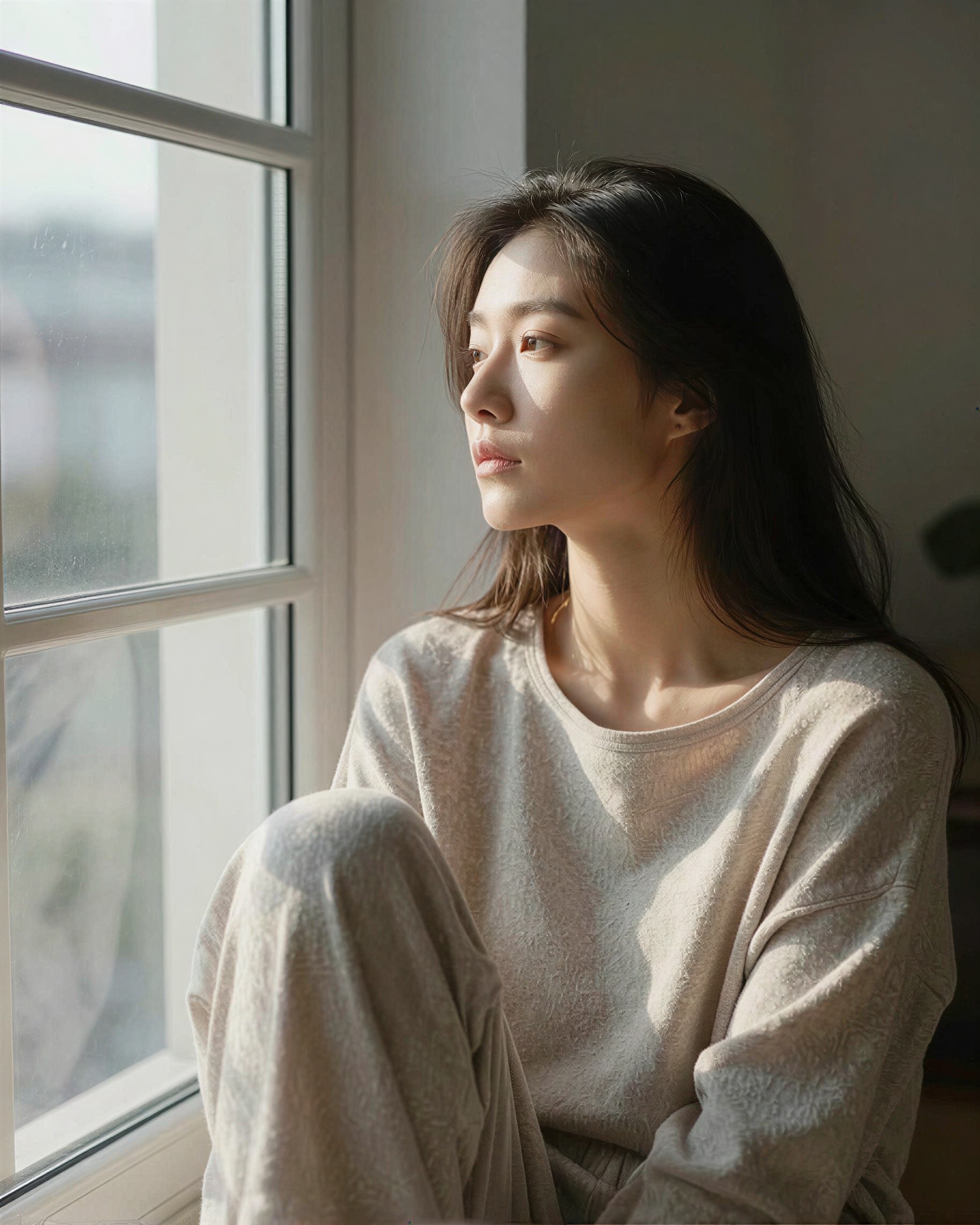 a calm woman sitting beside a large window in a quiet apartment, natural window-light portrait photography, soft morning sunlight falling across her face, neutr