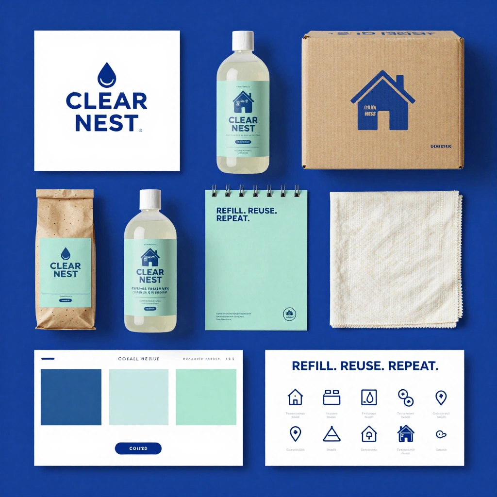 Design a complete visual identity board for an eco-friendly home-cleaning brand called \"CLEAR NEST\". Include a rounded wordmark, modular droplet-and-home icon