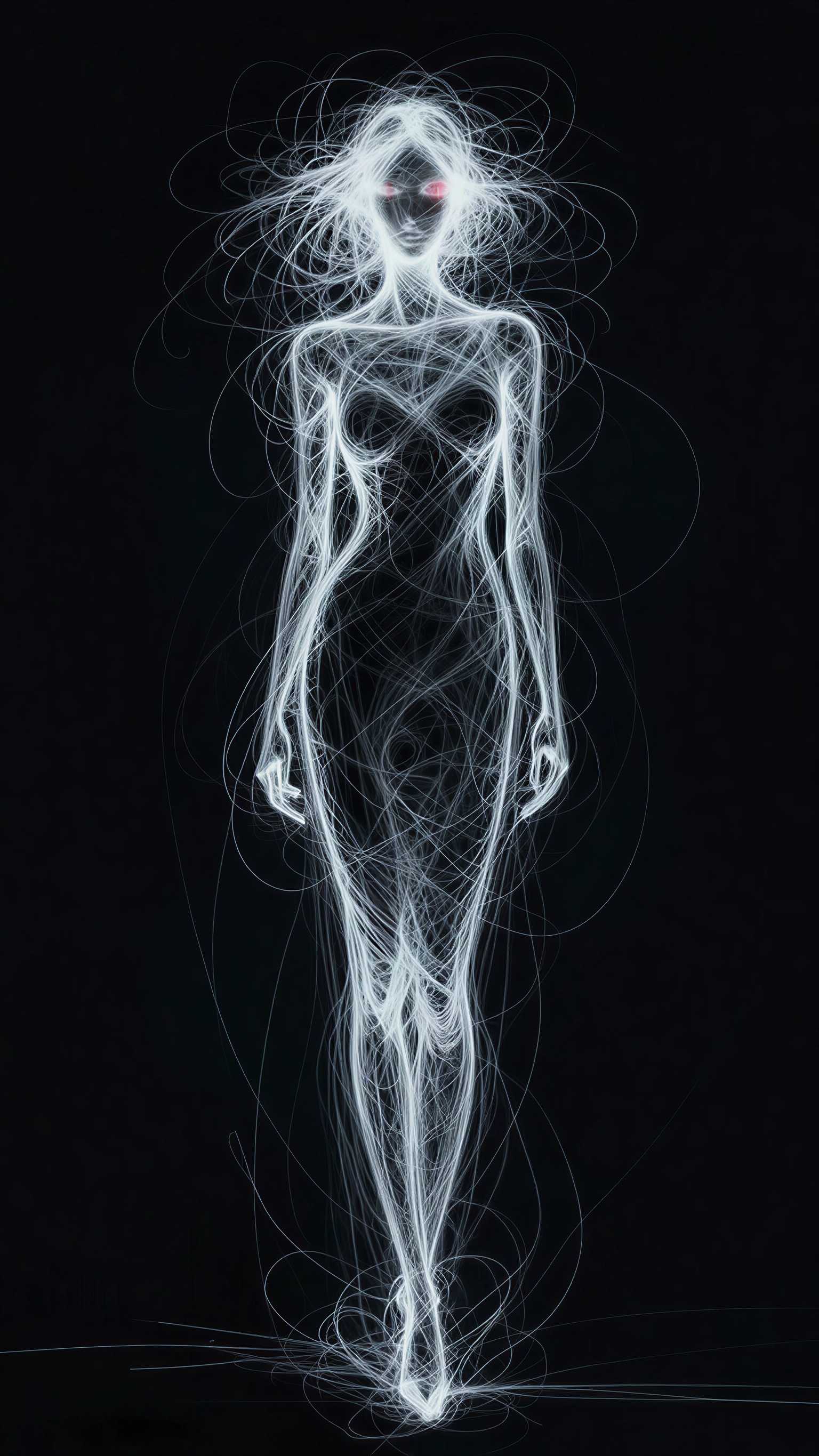 full-body adult female fashion figure drawn almost entirely from thin white luminous lines, standing against a deep black background, tangled energetic scribble