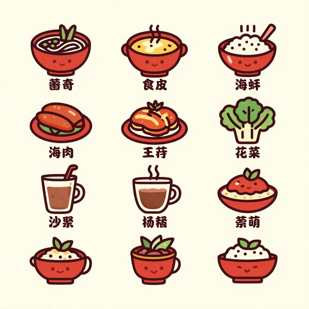 Design twelve friendly filled icons for restaurant menu categories: noodles, rice, soup, seafood, meat, vegetables, dessert, coffee, tea, spicy, vegetarian, and
