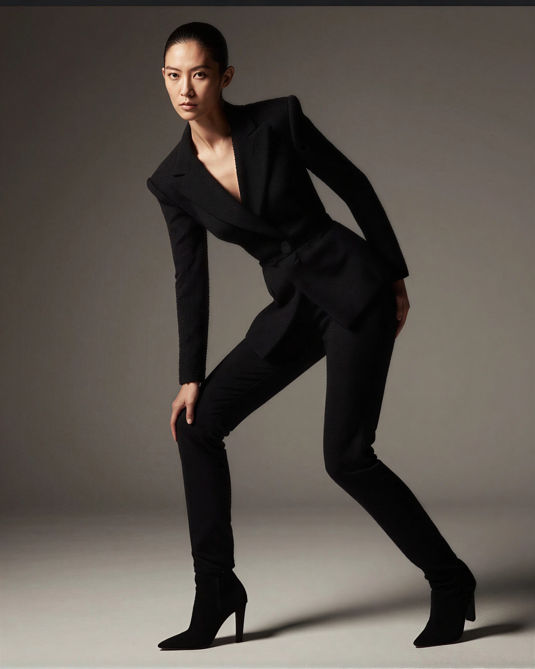a fashion model in a sculptural black outfit posing against a seamless neutral backdrop, high-fashion studio editorial photography, dramatic controlled lighting