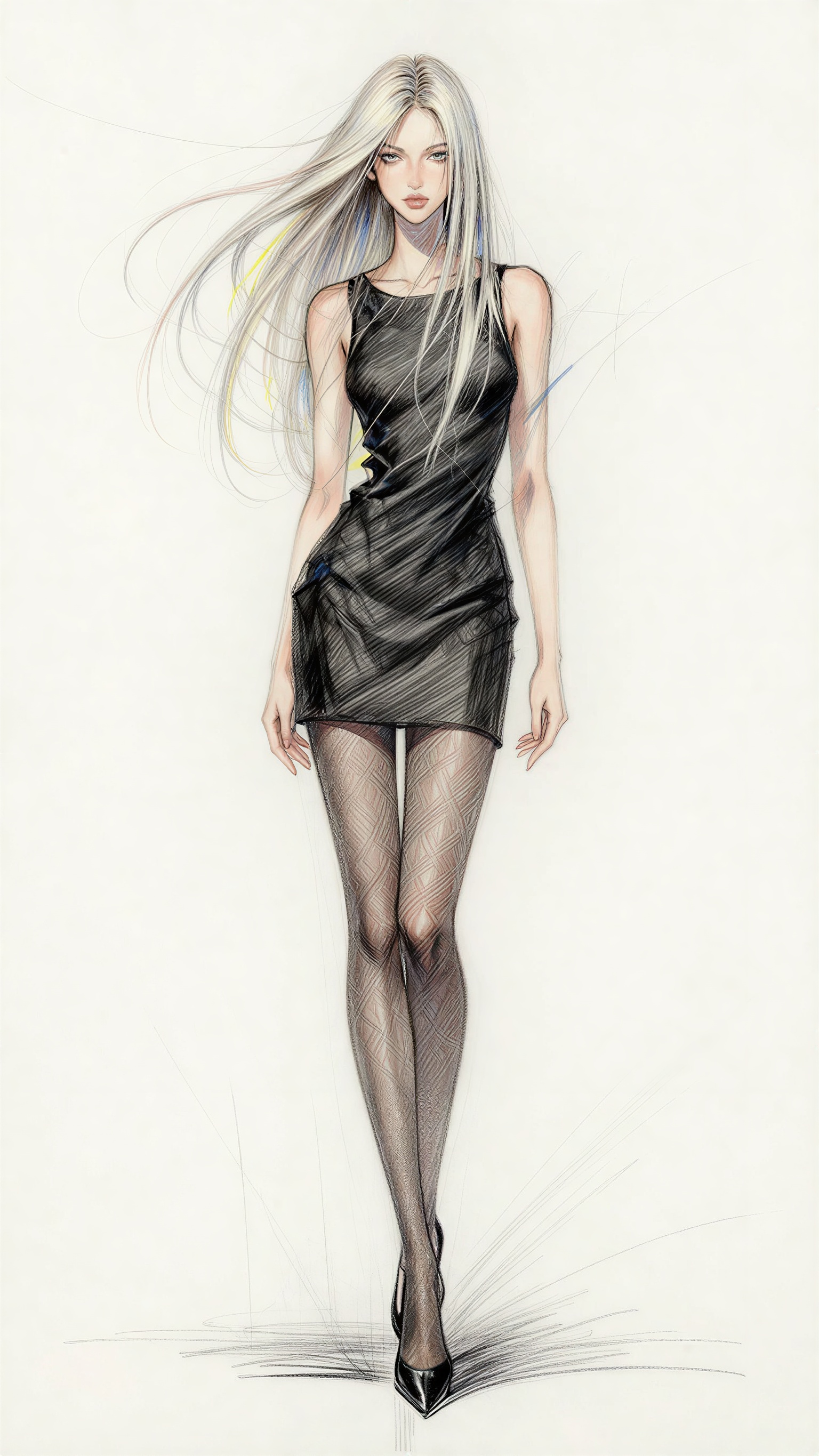 full-body adult woman with very long platinum-blonde hair blowing sideways, wearing a minimal black mini dress, sheer patterned stockings and elegant black heel