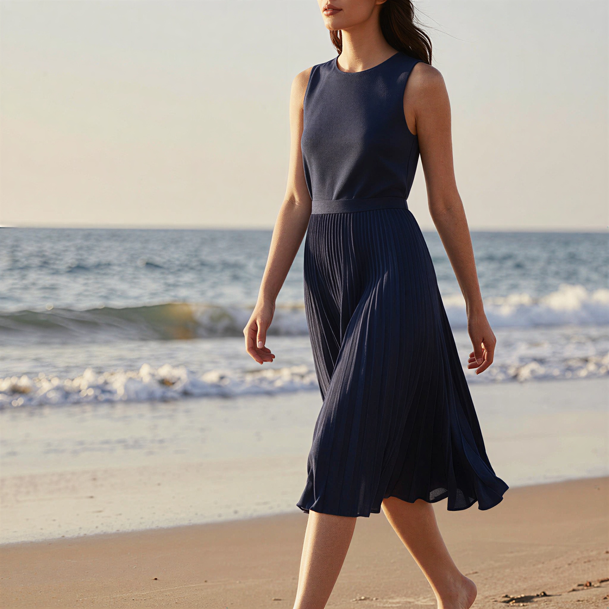 An adult woman walking along a quiet beach in a sleeveless navy midi dress with a high neckline, defined waist, and lightweight pleated skirt moving in the sea 