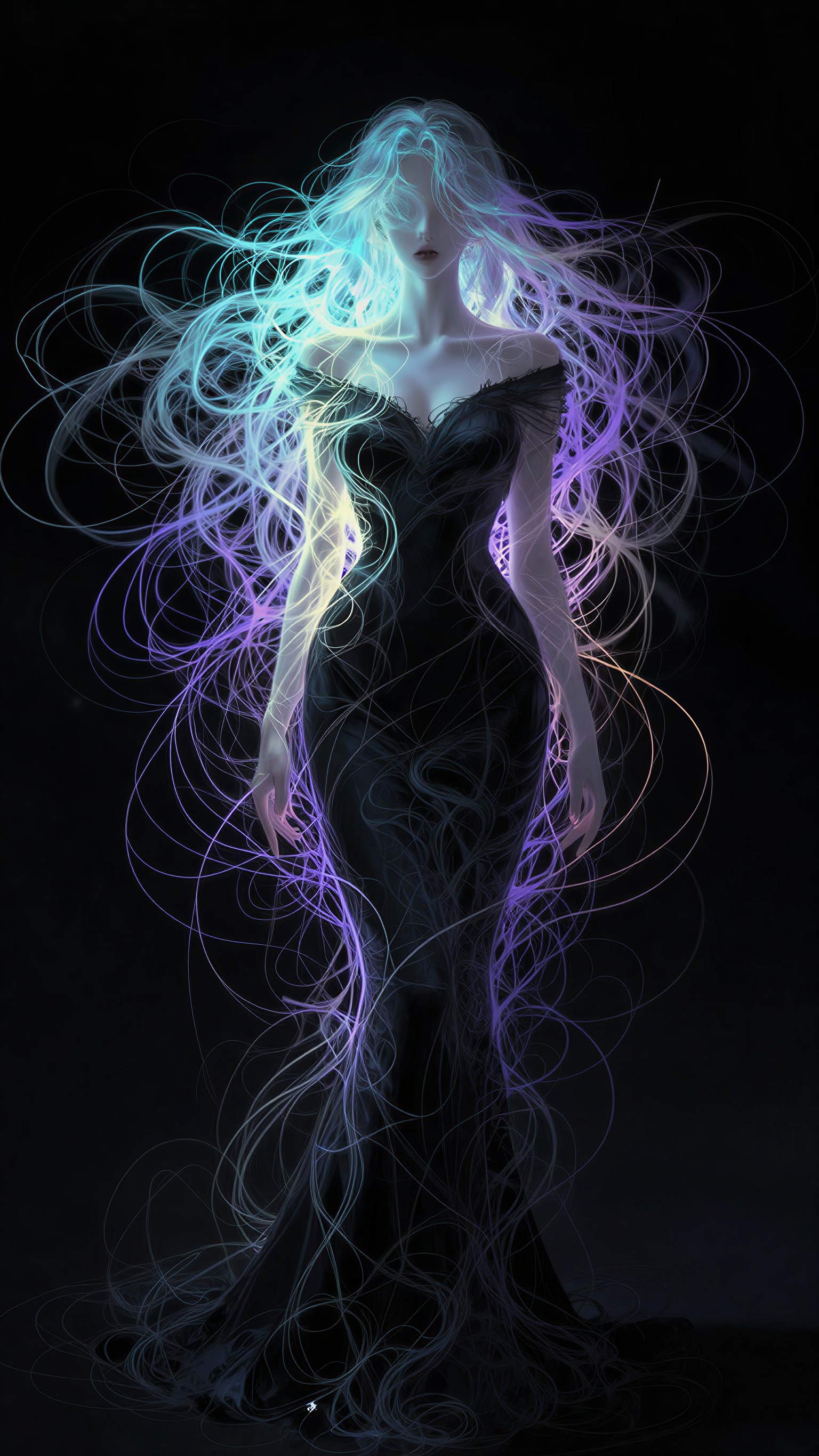 an ethereal adult woman emerging from darkness, slender body wrapped in a black fitted evening dress, her body and hair traced with chaotic luminous threads of 