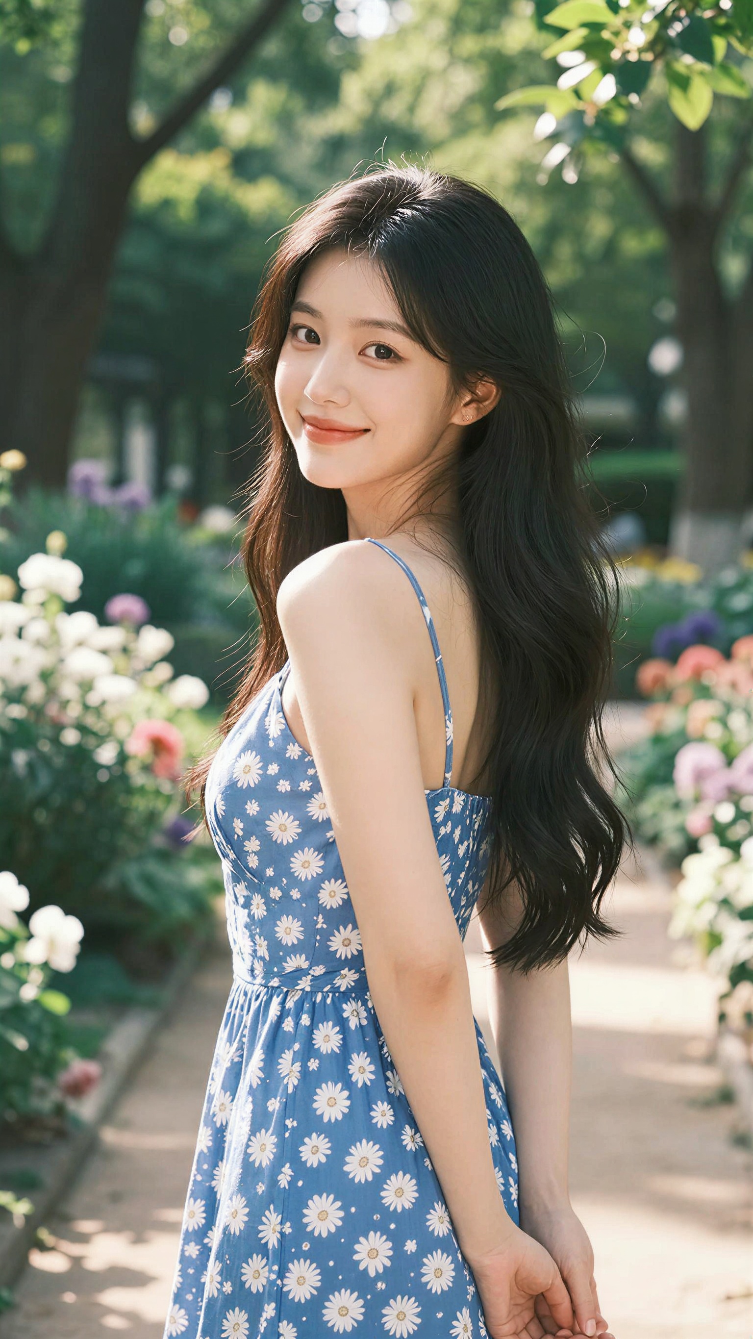 A high-resolution, realistic photographic portrait of a beautiful young Korean woman with fair, radiant, porcelain white skin. She has long, wavy black hair flo