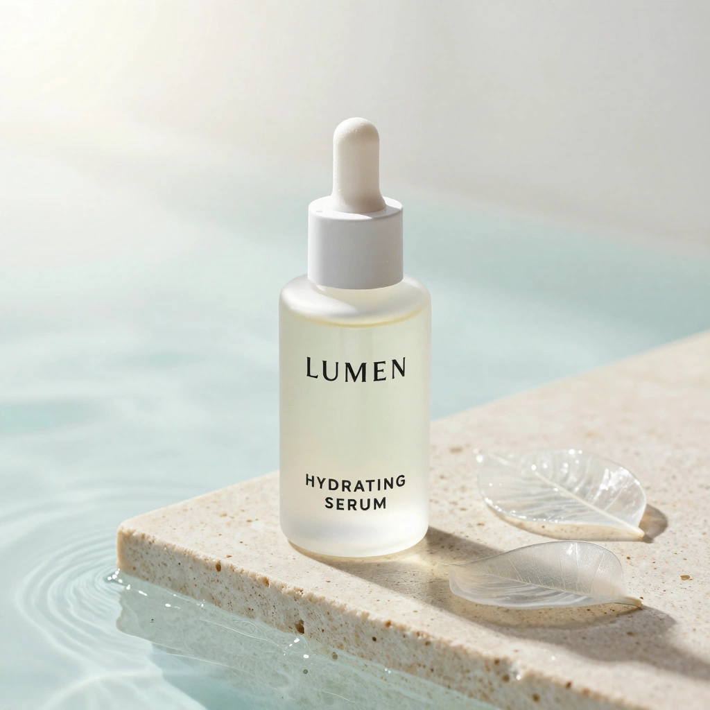 A frosted glass skincare serum bottle with a matte white dropper, standing on a pale limestone platform beside a shallow pool of water and two translucent leave