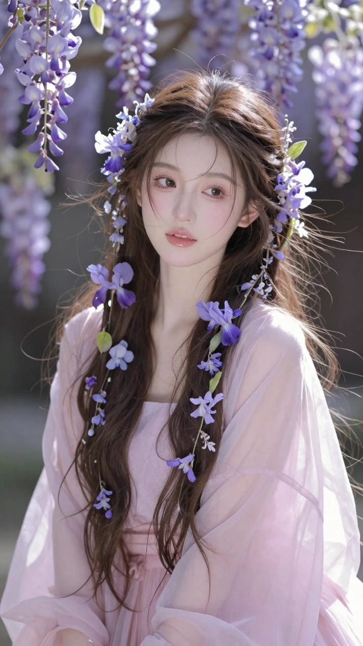 背景充满许多紫藤花，超清晰画质，妆造精致，饰品精巧，棕色长发上编织许多紫藤花鸢尾花和叶子搭配，头发和鲜花花巧妙结合，身着粉色飘逸长裙蓬松极简风格，细节完美，五官精致，突出头发凌乱美，面部清晰，清冷调。日常快照风格，非精心构图，非专业打光。（电影级面光：1.6），（光线追踪：1.5），（冷白皮漫感质感的光滑皮肤：1.7）