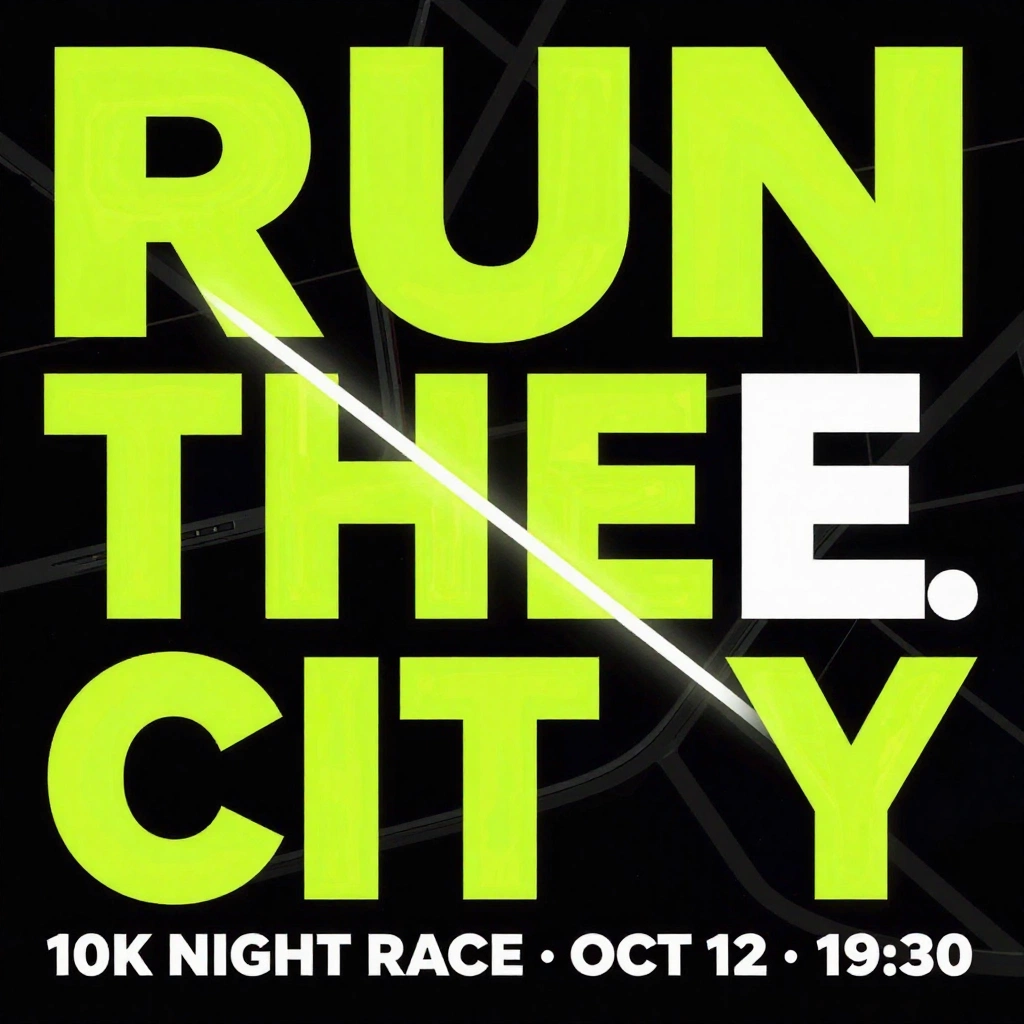 Create a high-energy vertical poster for a community night run. Use the exact headline \"RUN THE CITY\" and the details \"10K NIGHT RACE · OCT 12 · 19:30\". Sho