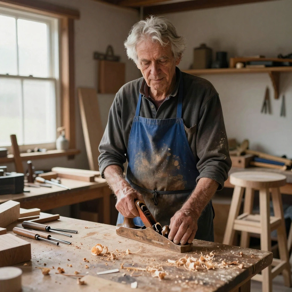 An environmental portrait of a seventy-year-old woodworker with silver hair and weathered hands, wearing a faded indigo apron inside a compact traditional works