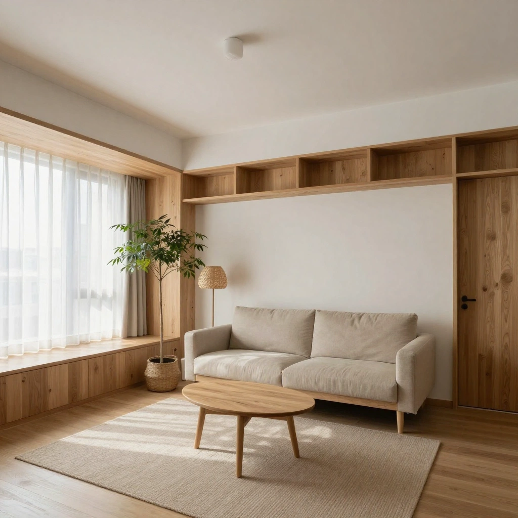 A compact Japanese-modern living room in a city apartment, combining pale oak built-ins, warm white plaster walls, a low oatmeal sofa, woven floor lamp, small r