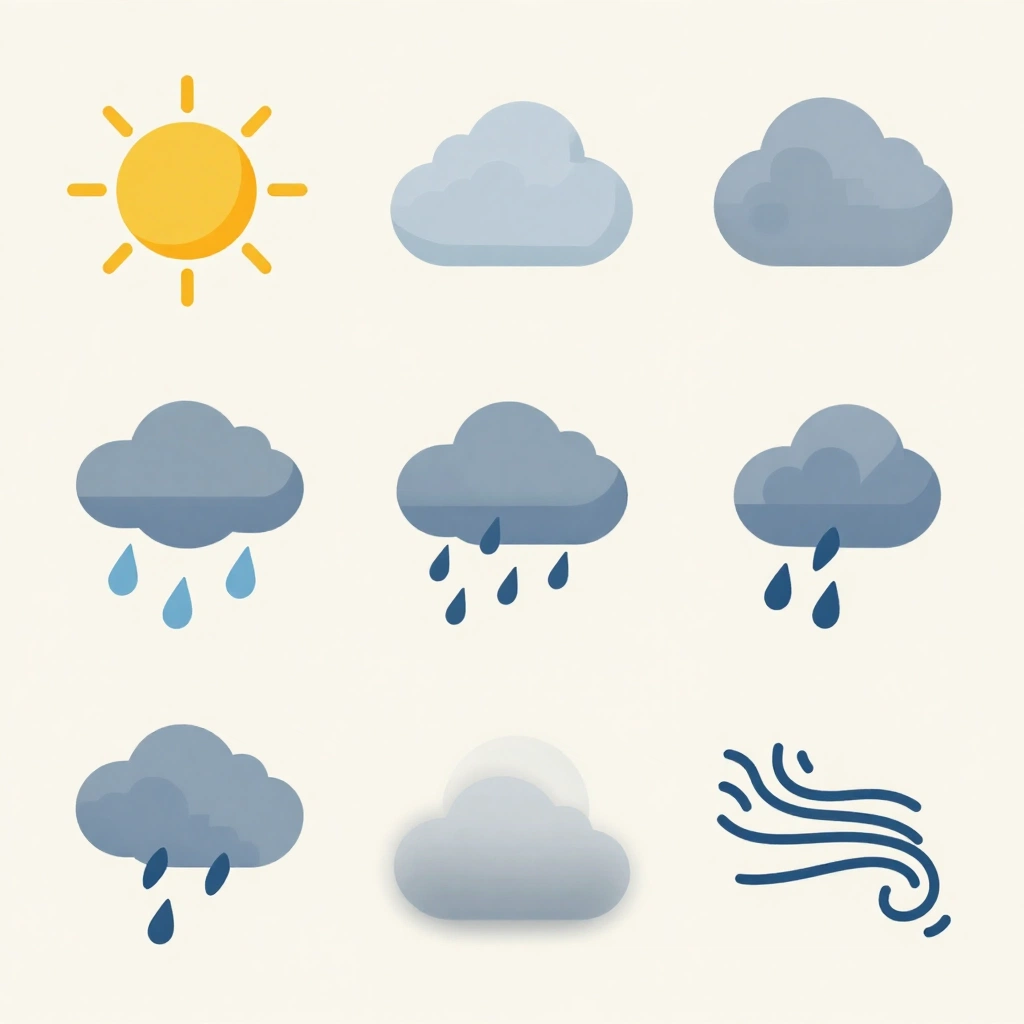 Design eight compact weather icons for a mobile application: sunny, partly cloudy, cloudy, light rain, heavy rain, thunderstorm, fog, and strong wind. Use flat 