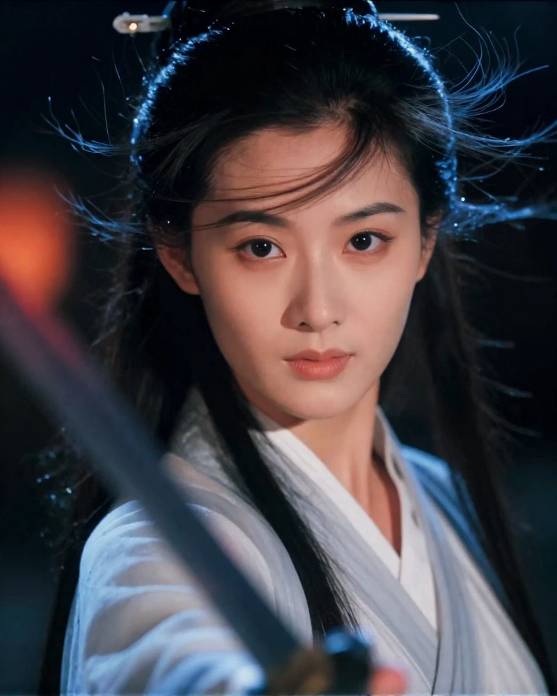 Portrait cinématographique en ultra-gros plan d'une jeune femme artiste martiale est-asiatique, atmosphère de film wuxia classique, le visage occupe le sujet pr