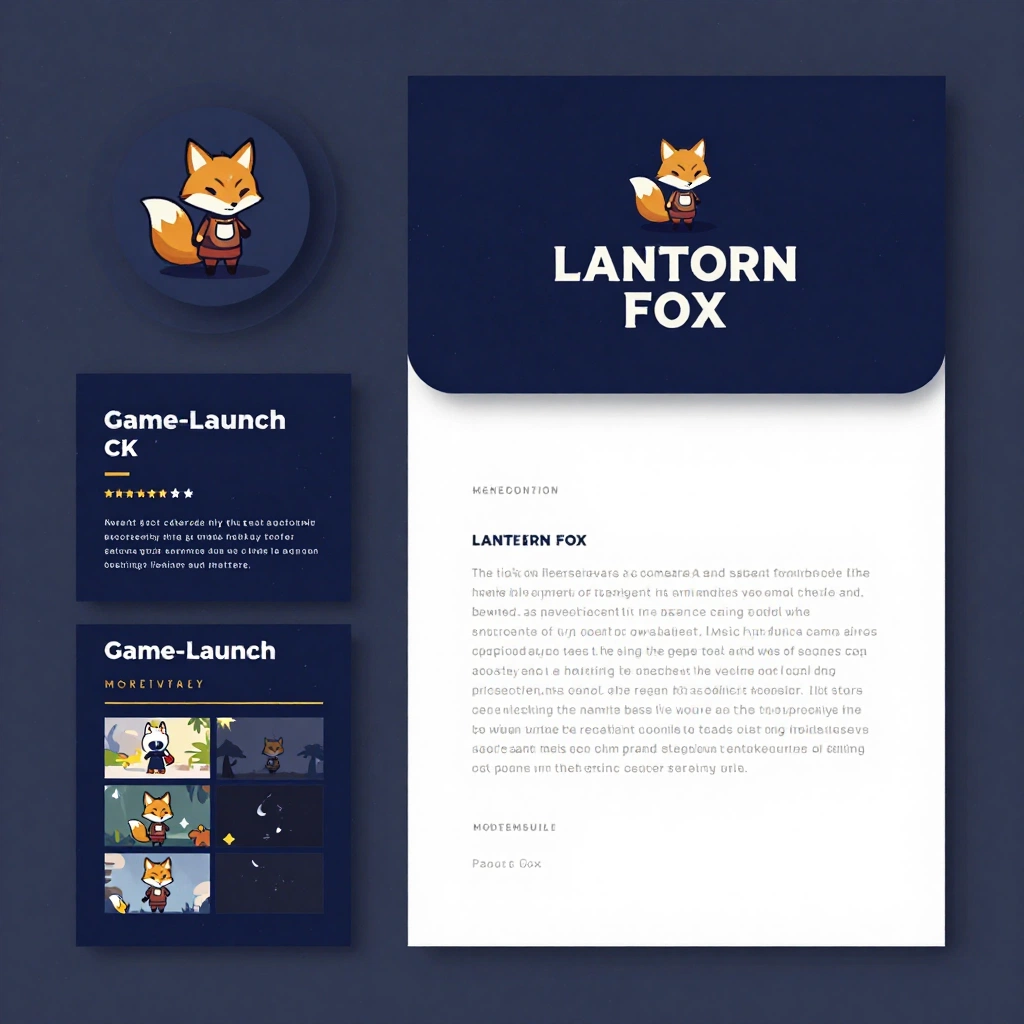 Develop a brand identity presentation for an indie game studio named \"LANTERN FOX\". Create a compact fox-tail lantern emblem, expressive but professional word